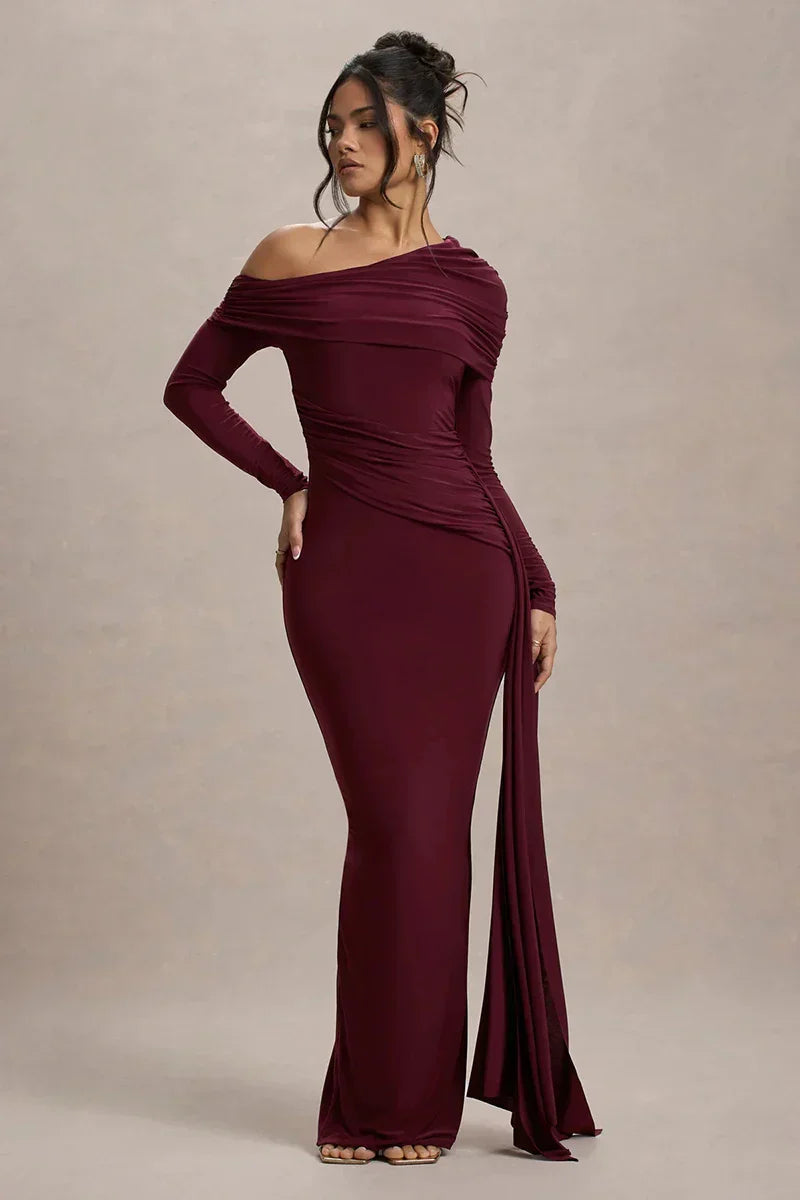 Skew Collar Long Sleeve Maxi Dress Mssaz Desses