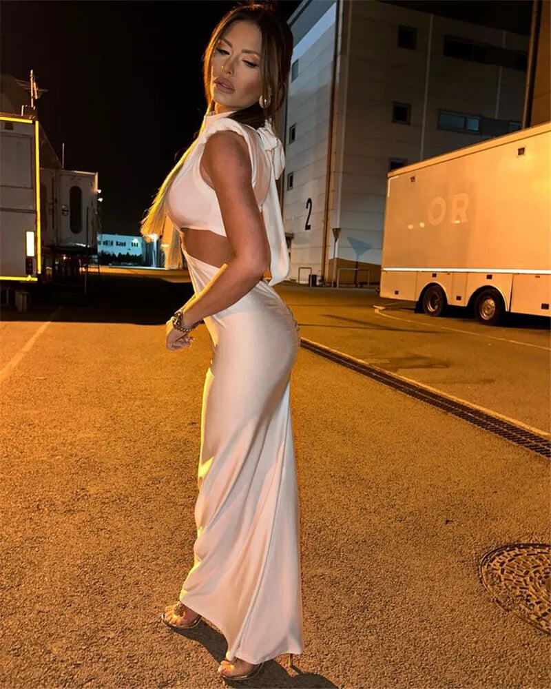 Hollow Out Turtleneck Solid Maxi Dress Mssaz Desses