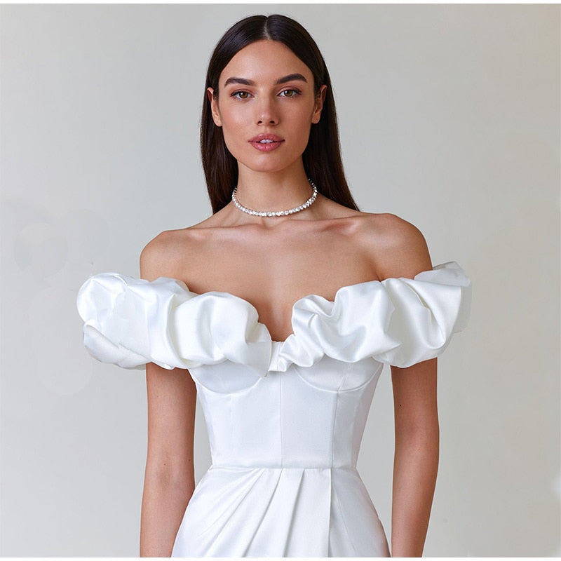 One-Shoulder Puff Sleeve Wrap Chest Slit Long Dress Mssaz Desses