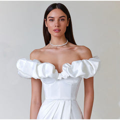 One-Shoulder Puff Sleeve Wrap Chest Slit Long Dress Mssaz Desses