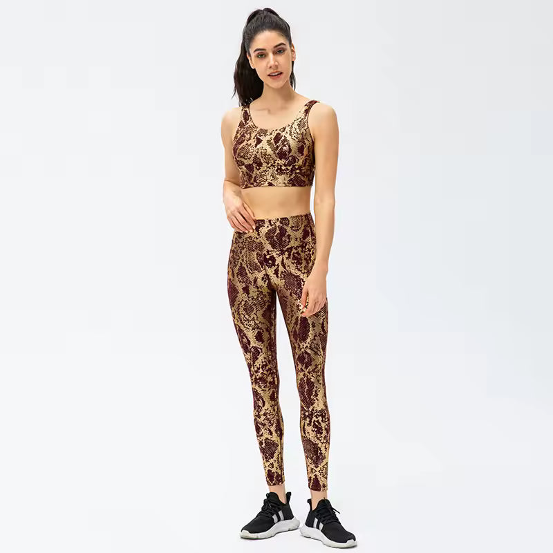 Plated Printing Snake Pattern Hip Lifting High Waist Slimming Bra Yoga Pants Set Mssza