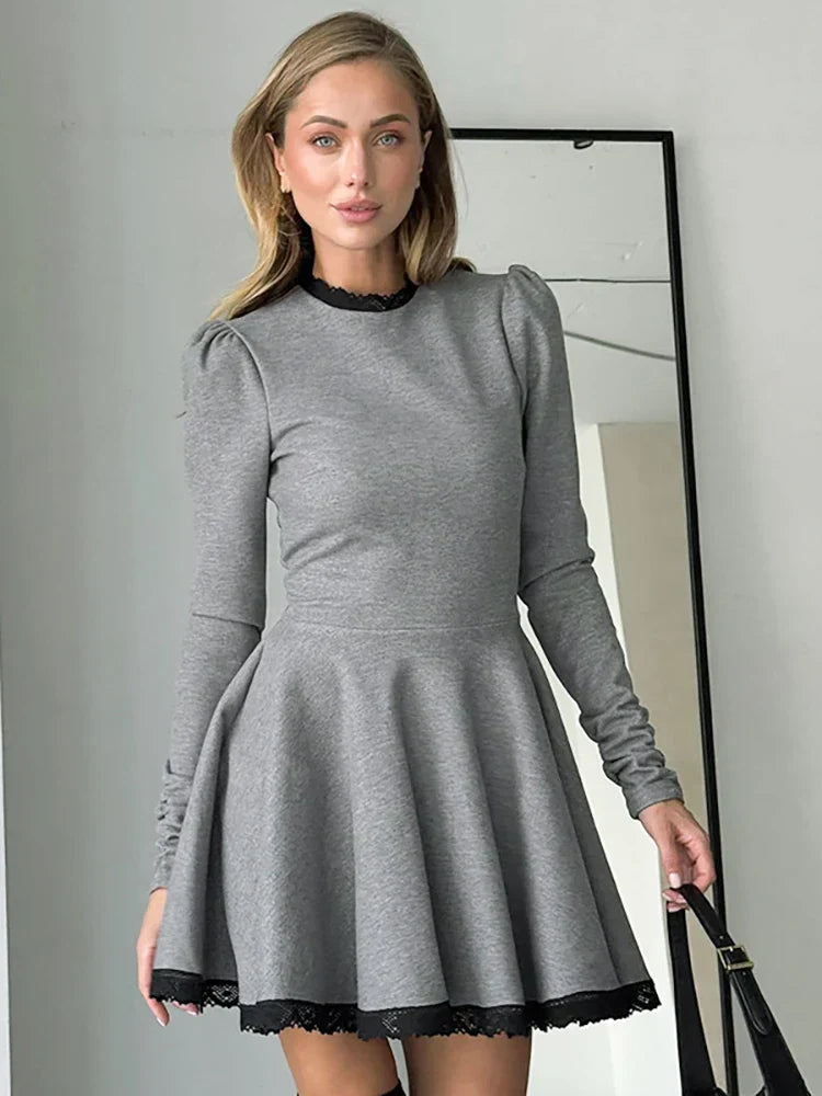 Patchwork Gray Long Sleeve A-line Mini Dress Mssaz Desses