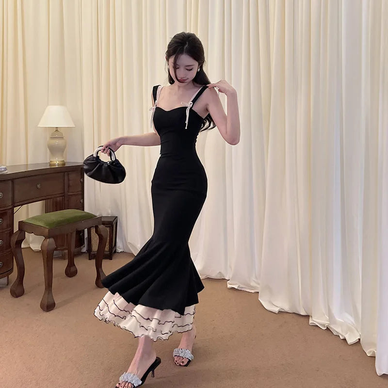 Black Ruffle Trim Fishtail Midi Dress Mssaz Desses