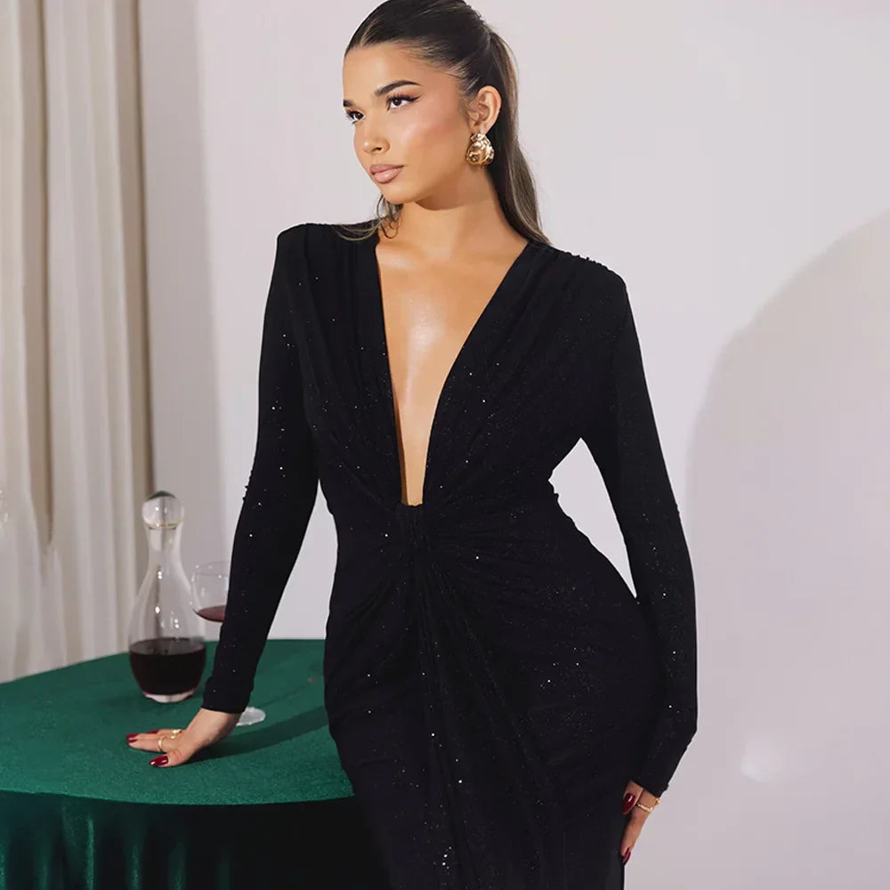 Elastic Deep V-Fold Lace Maxi Dress Mssaz Desses