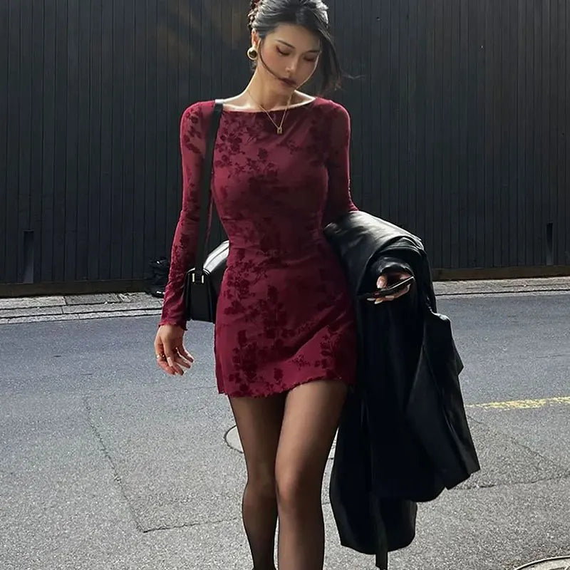 Wine Red Print Long Sleeves Knitted Dress Mssaz Desses