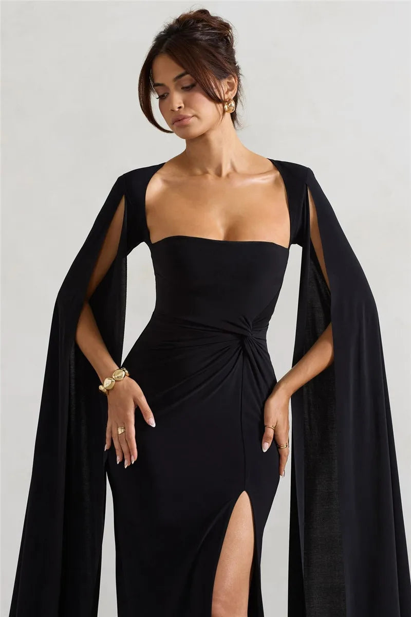 Elegant Cape Sleeve Maxi Dress with High Split Mssaz Desses