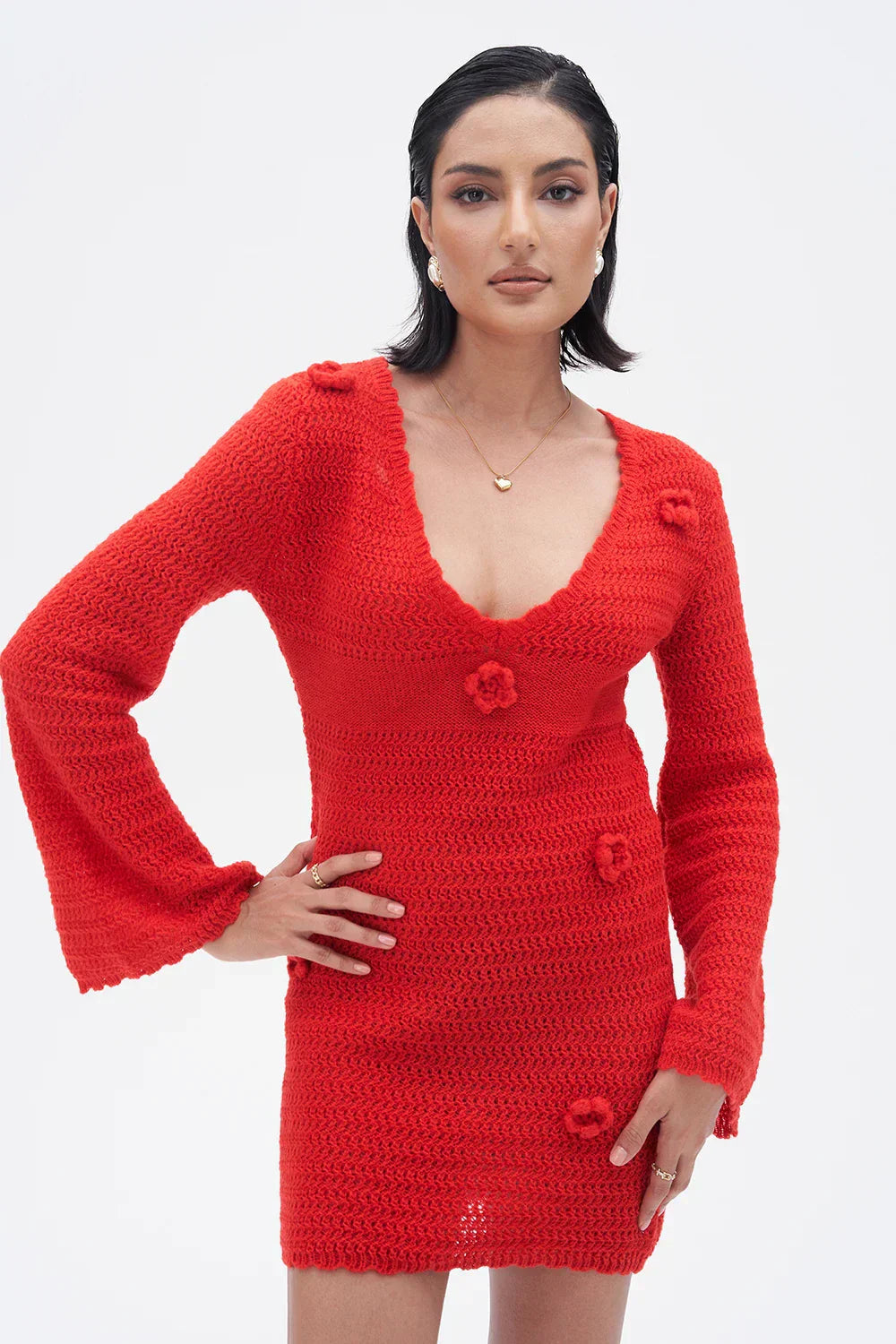 3D Flower Hand Crotch Full Flare Sleeve Sweater Dress Mssaz Desses