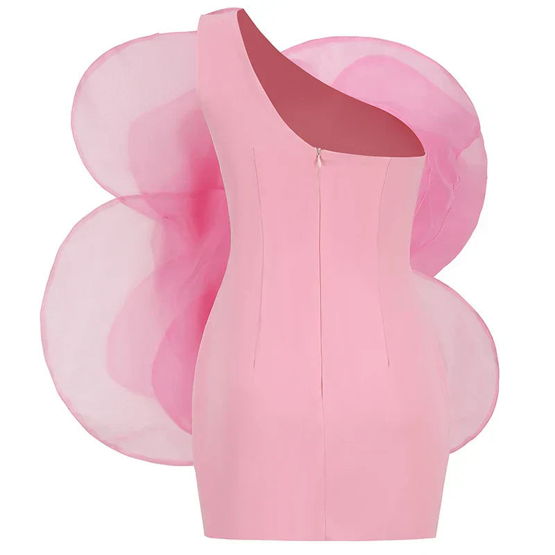 Oblique Shoulder Decorative Flower Solid Mini Dress Mssaz Desses