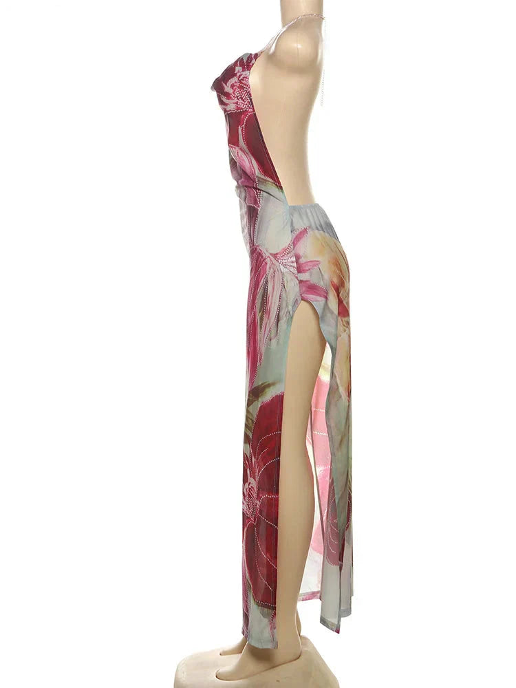 Floral Print Backless Halter Dress with Split for Women Mssaz Desses
