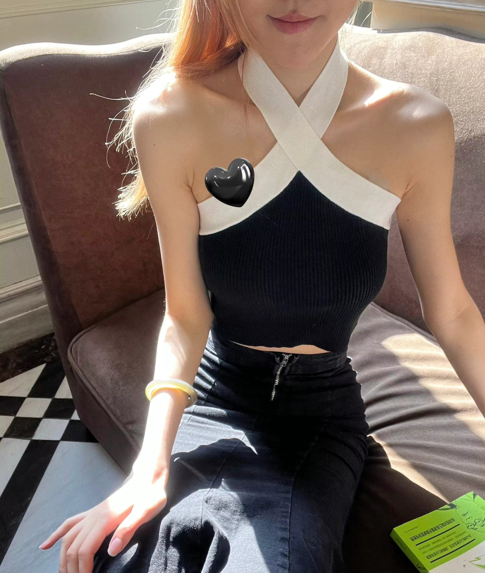 Contrast Trim Halter Neck Casual Backless Sleeveless Tank Top Mssza