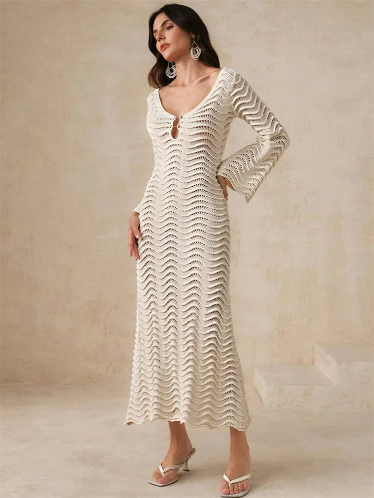 Knit Hollow-Out Loose Patchwork Lace-Up  Dress Mssaz Desses