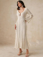 Knit Hollow-Out Loose Patchwork Lace-Up  Dress Mssaz Desses