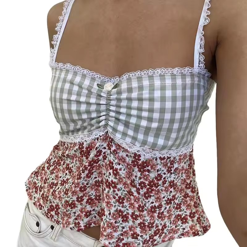Plaid Floral Camisoles  Lace Trim Sleeveless Sling Tank Slim Vests Tops Mssza