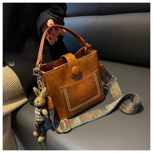 Simple Large High Capacity Vintage Shoulder Bucket Leather Tote Bag Mssza