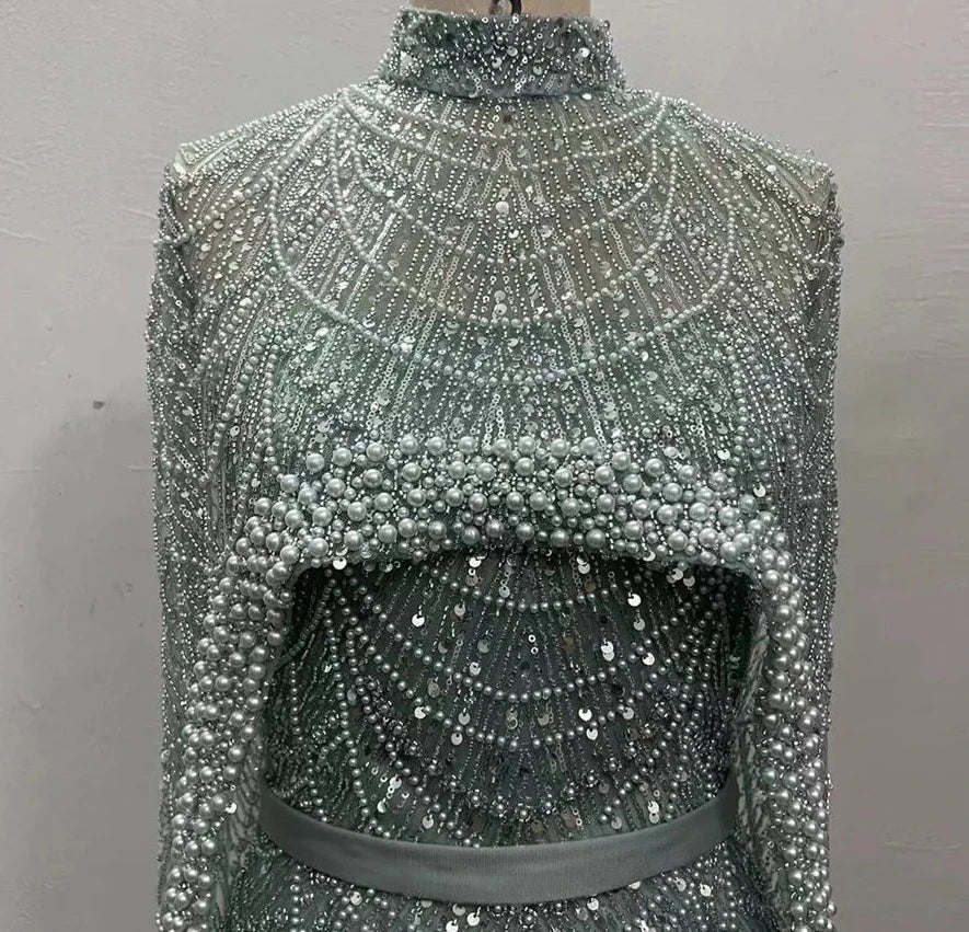 Pearls Mermaid Wedding Party Prom Dresses With Cape Mssaz Desses