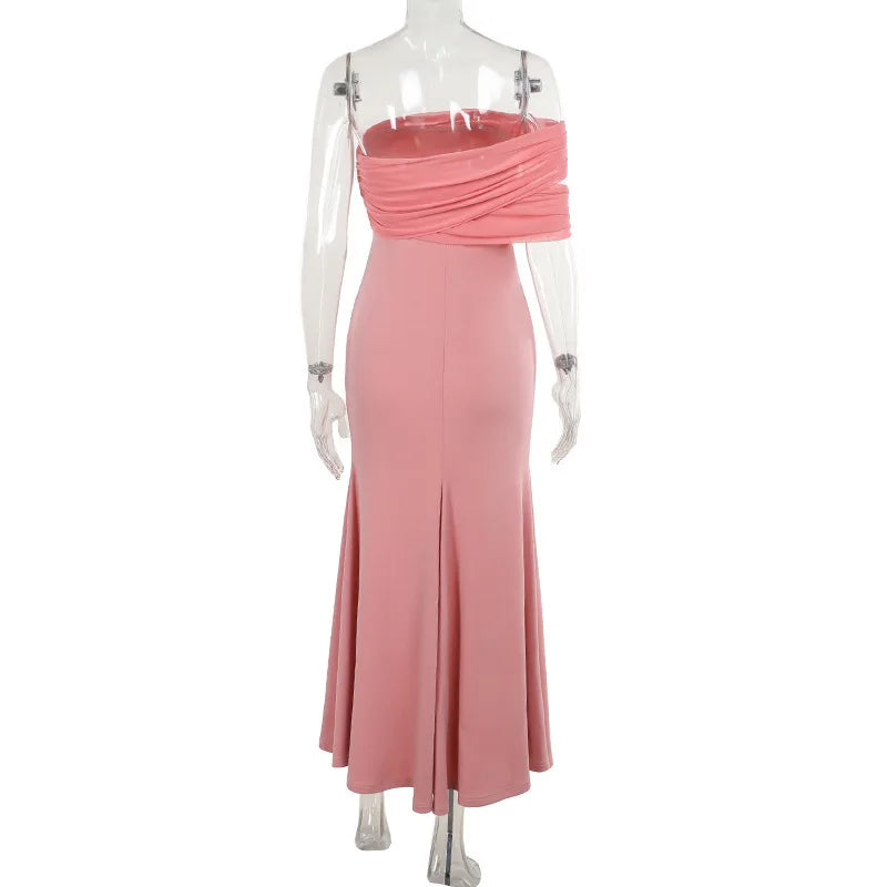 Solid One Shoulder Mesh Slit Long Dress Mssaz Desses