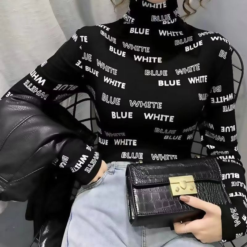Elegant Half High Neck Pullover Letter Long Sleeve Slim Fit T-shirt Tops Mssza