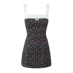 Flower Print Embroidery Lace Slash Collar Mini Dress Mssaz Desses