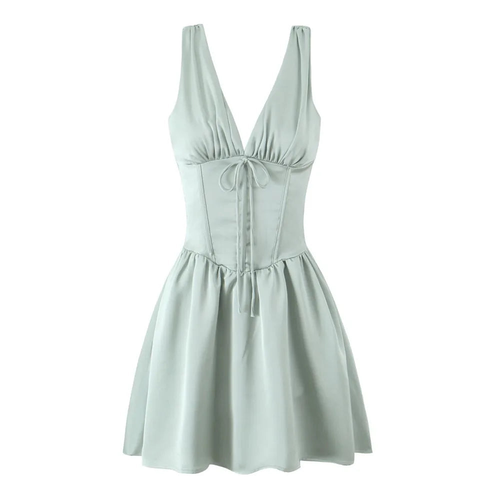 Stain Pleated Ruched Strap Bow Folds Hem Mini Dress Mssaz Desses