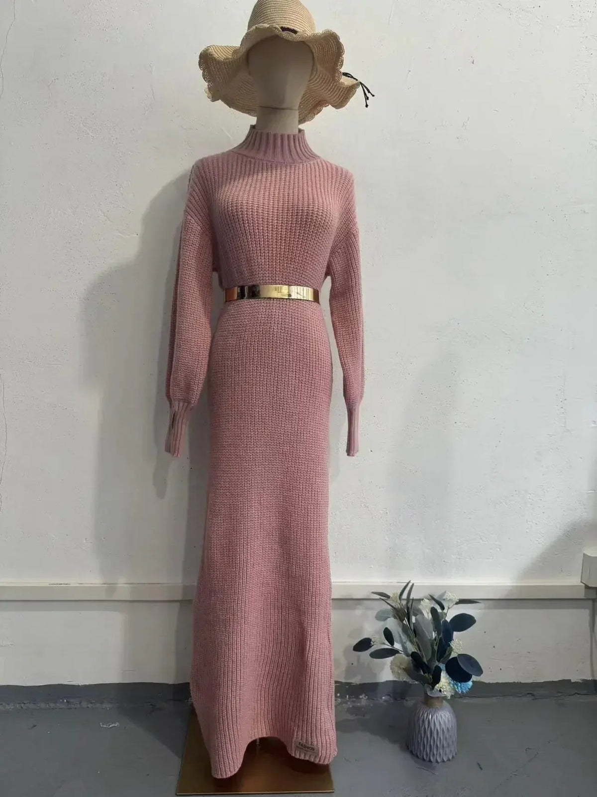 Turtleneck Pullover Solid Sweater Dress With Belt Mssaz Desses