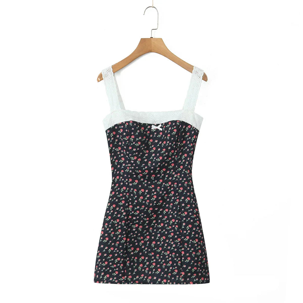 Flower Print Embroidery Lace Slash Collar Mini Dress Mssaz Desses