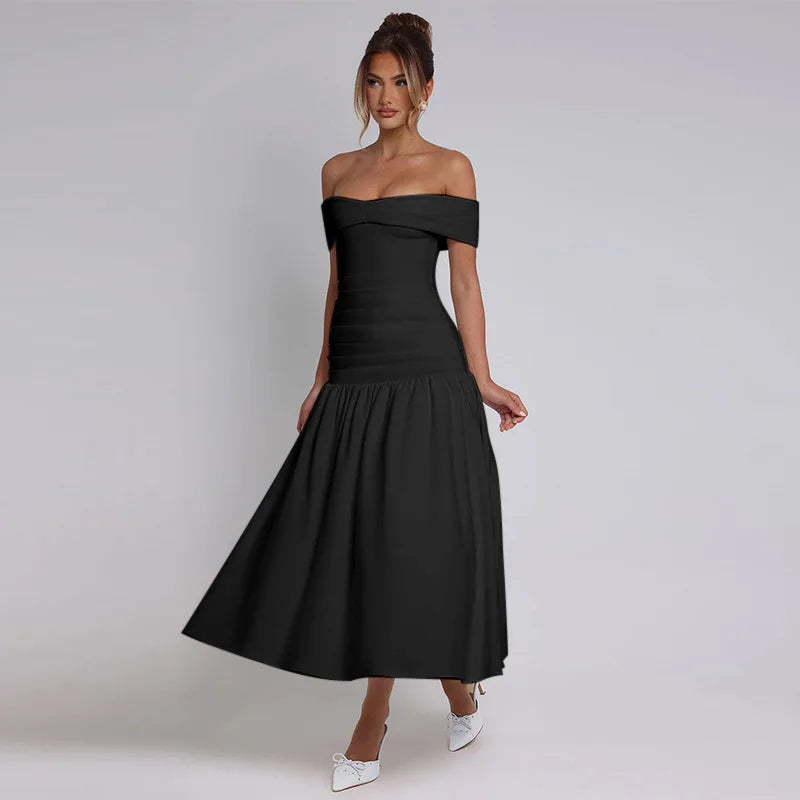 Slash Neck Off Shoulder Solid Dress Mssaz Desses
