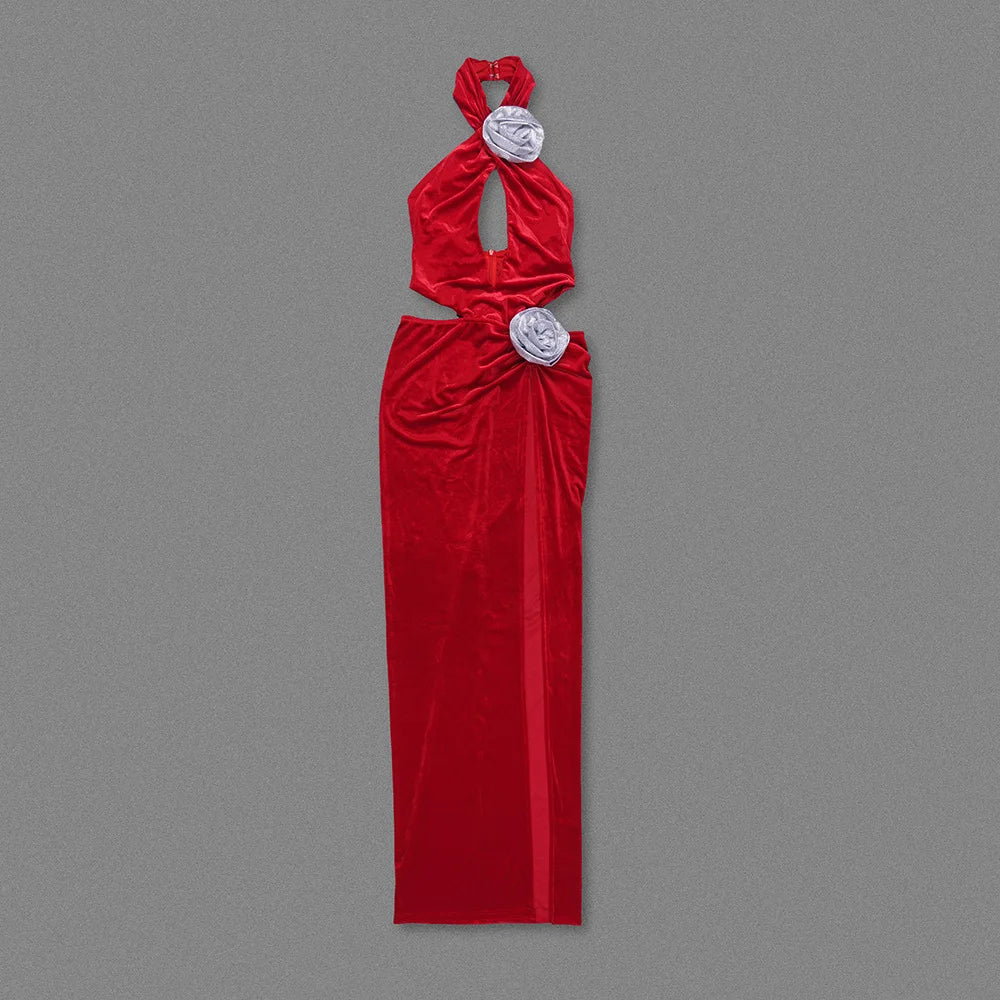 Red Velvet Maxi 3D Flower Evening Gown Mssaz Desses