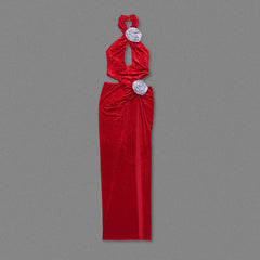 Red Velvet Maxi 3D Flower Evening Gown Mssaz Desses