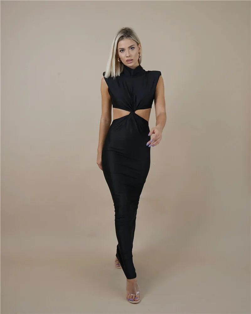 Hollow Out Turtleneck Solid Maxi Dress Mssaz Desses