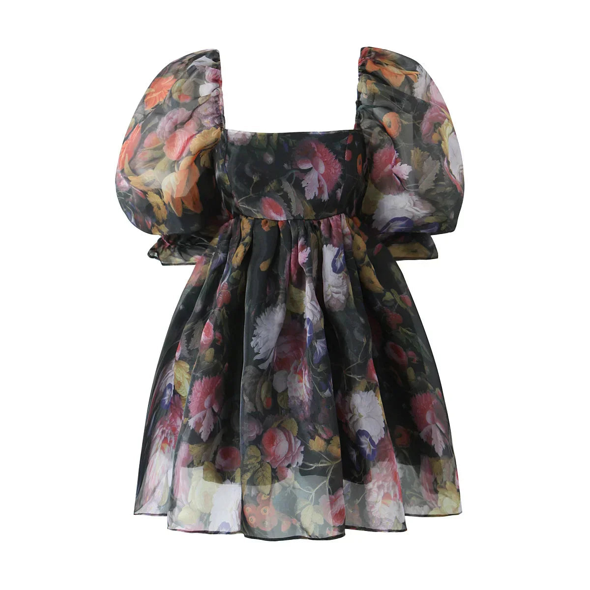 Black Floral Print Square Collar Puff Sleeve Mini Dress Mssaz Desses