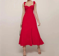 Solid Red Tie Bow Strap Midi Dress Mssaz Desses