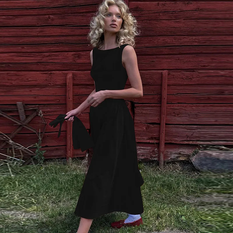 Straight Neck Sleeveless Flare Midi Dress Mssaz Desses