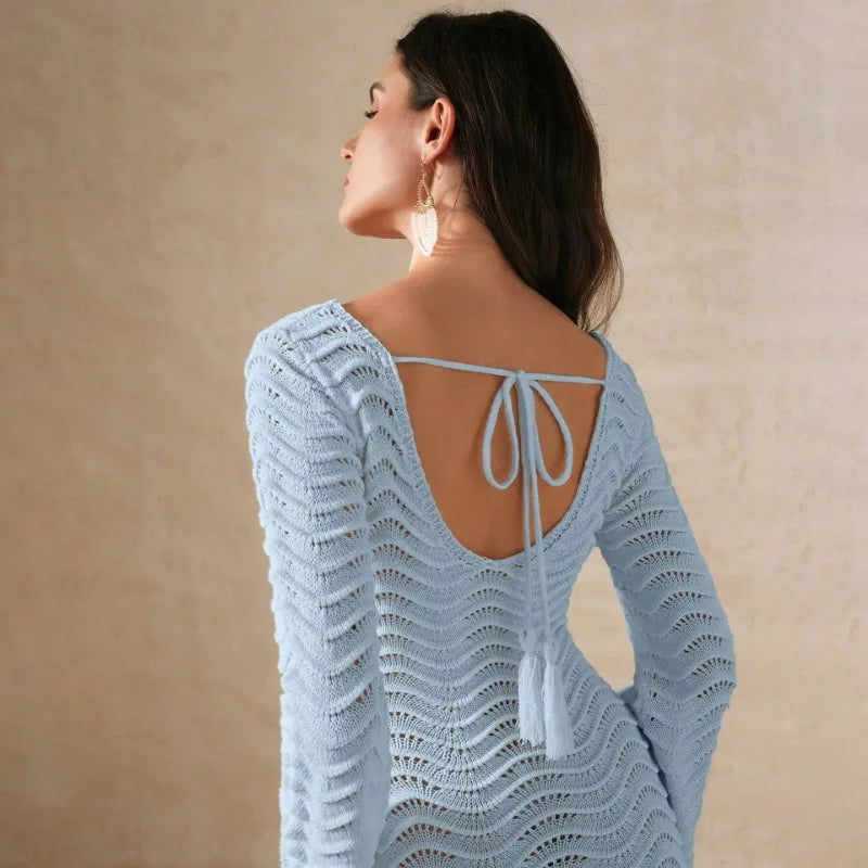 Knit Hollow-Out Loose Patchwork Lace-Up  Dress Mssaz Desses