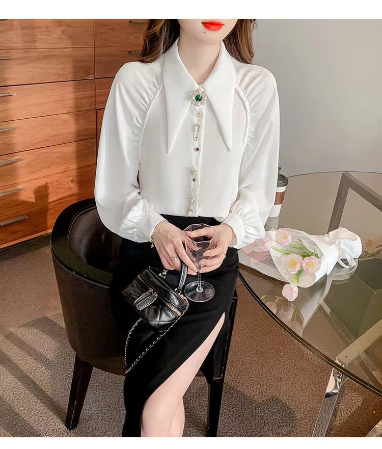 Beading Diamonds Korean Single-breasted  Elegant Lapel Shirt Mssza