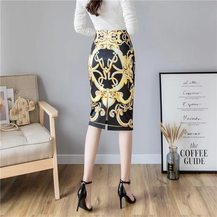 Print Stretchable Knee Length Midi Vintage Pencil Skirt Mssza