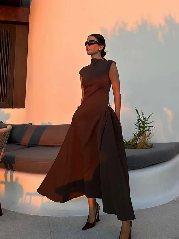 Slanted Collar Solid Pleated Long Dress Mssaz Desses