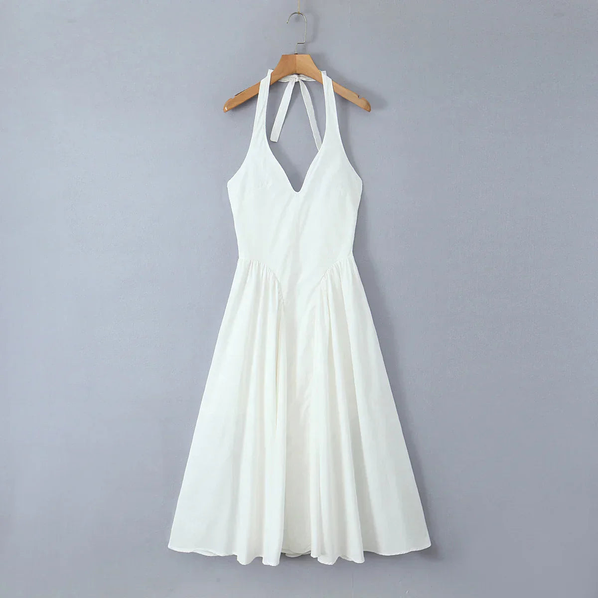 White Bow Halter Neck Pleated Midi Dress Mssaz Desses
