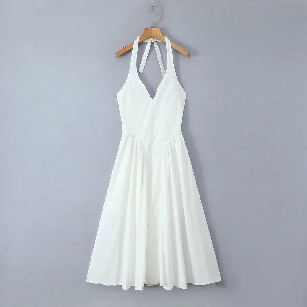 White Bow Halter Neck Pleated Midi Dress Mssaz Desses