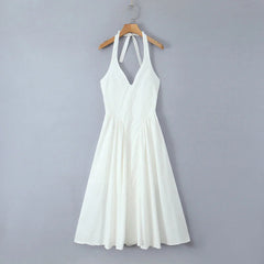 White Bow Halter Neck Pleated Midi Dress Mssaz Desses