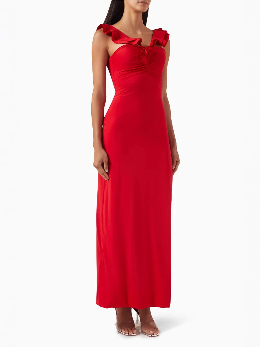 Red Flower Ruffles Strap Maxi Dress Mssaz Desses