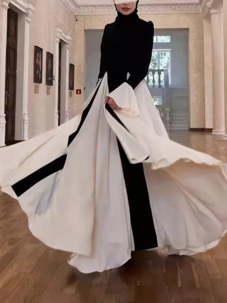 Patchwork White Black Contrast Color Dress Mssaz Desses