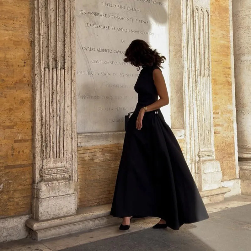 Slanted Collar Solid Pleated Long Dress Mssaz Desses