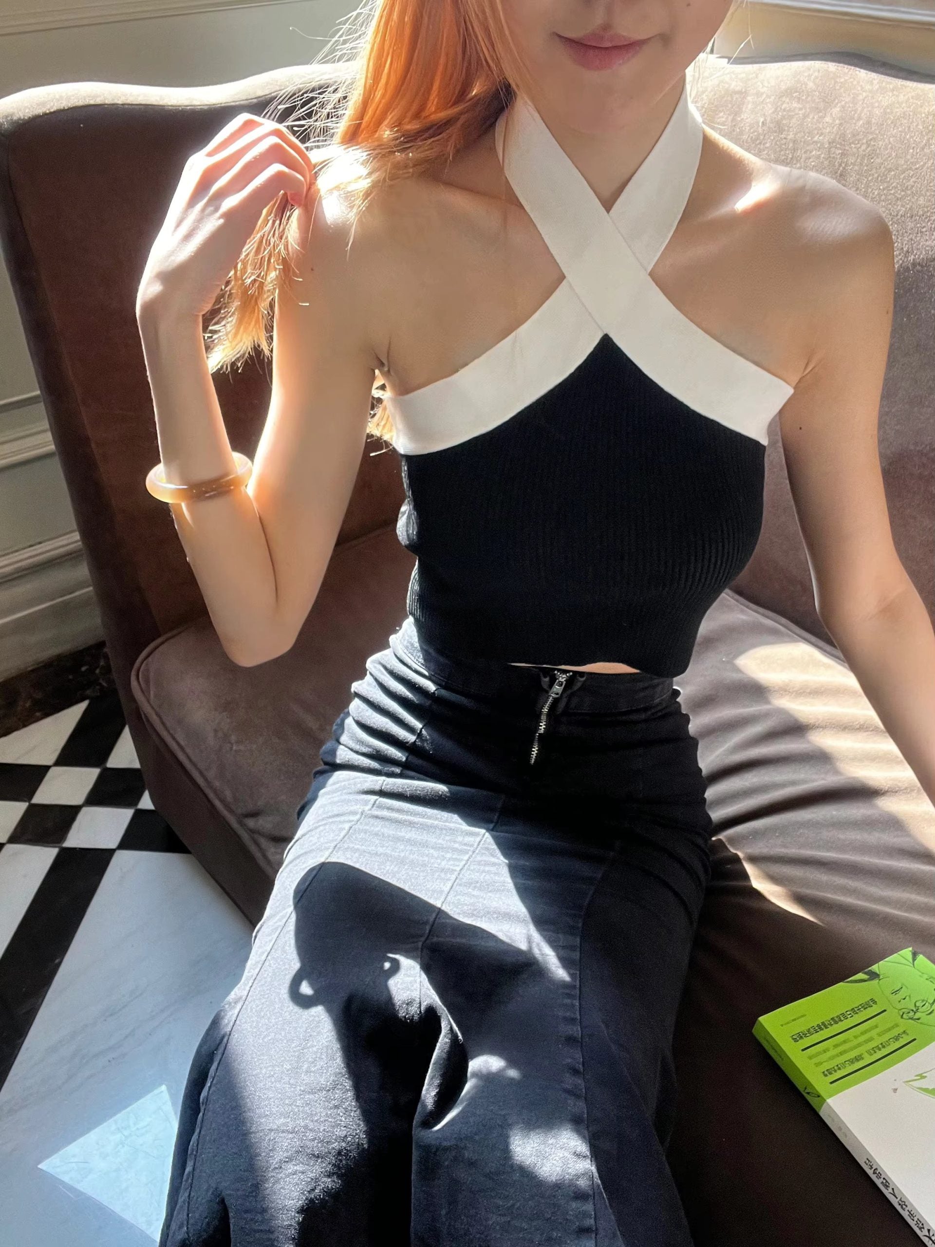Contrast Trim Halter Neck Casual Backless Sleeveless Tank Top Mssza