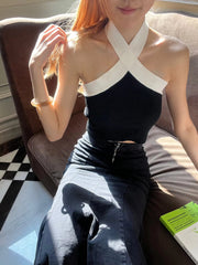 Contrast Trim Halter Neck Casual Backless Sleeveless Tank Top Mssza