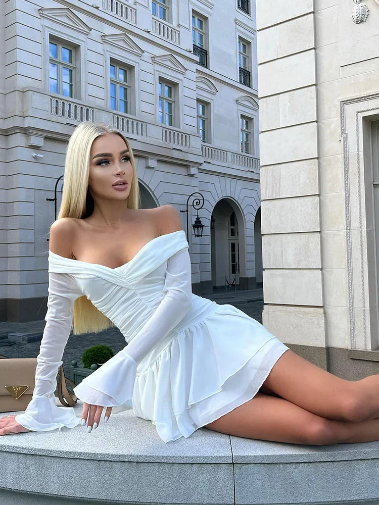 Solid Folds Long Flare Sleeves White Mini Dress Mssaz Desses