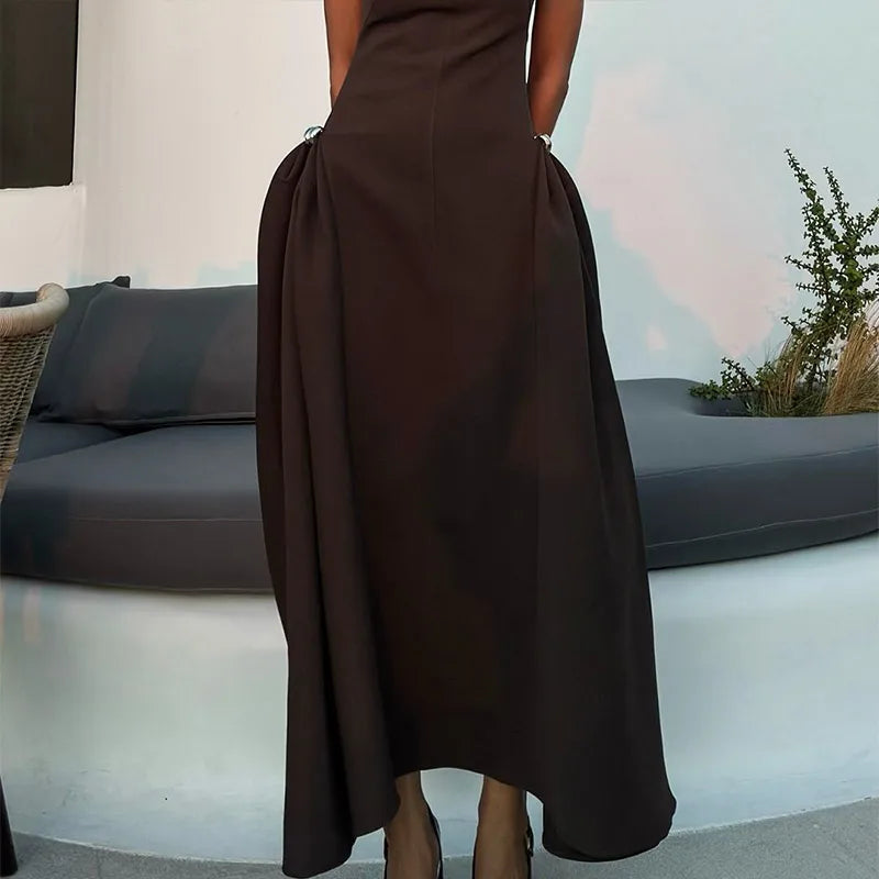 Slanted Collar Solid Pleated Long Dress Mssaz Desses