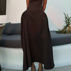 Slanted Collar Solid Pleated Long Dress Mssaz Desses