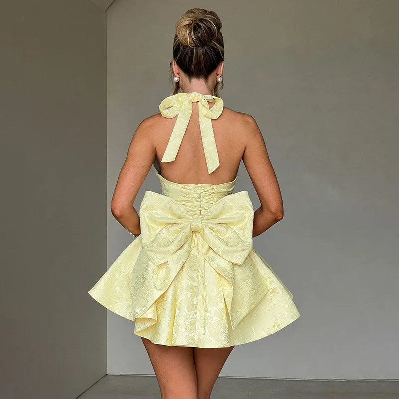 Bow Deep V Halter Backless A-line Dress Mssaz Desses