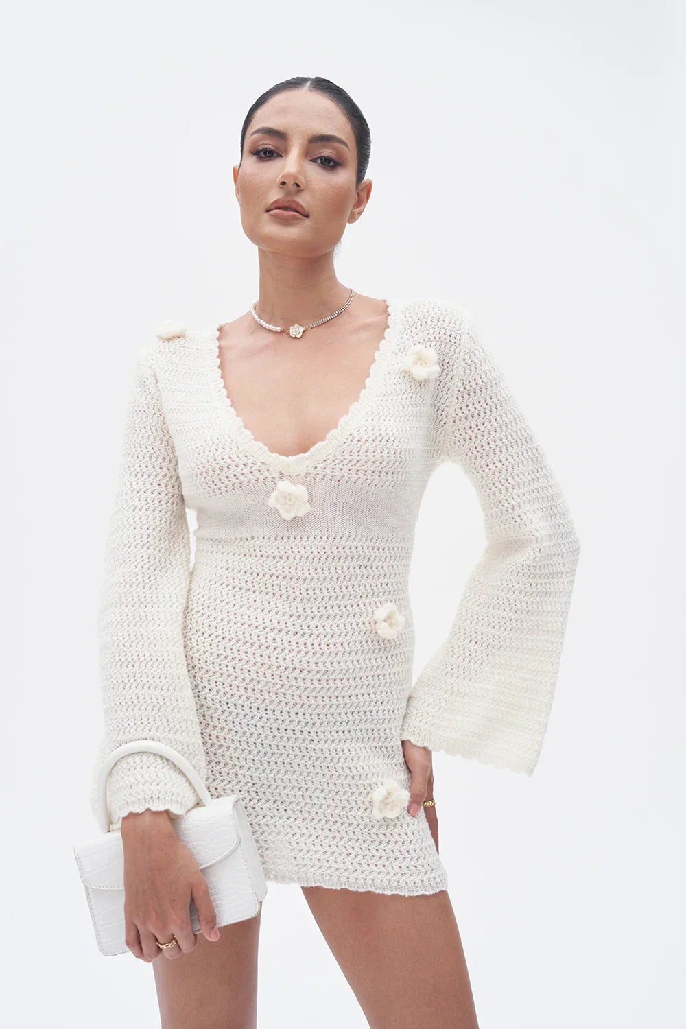 3D Flower Hand Crotch Full Flare Sleeve Sweater Dress Mssaz Desses