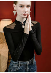 Vintage Irregular Mesh Long Sleeve Unique Qipao Base Collarbone Tops T-Shirt Mssza